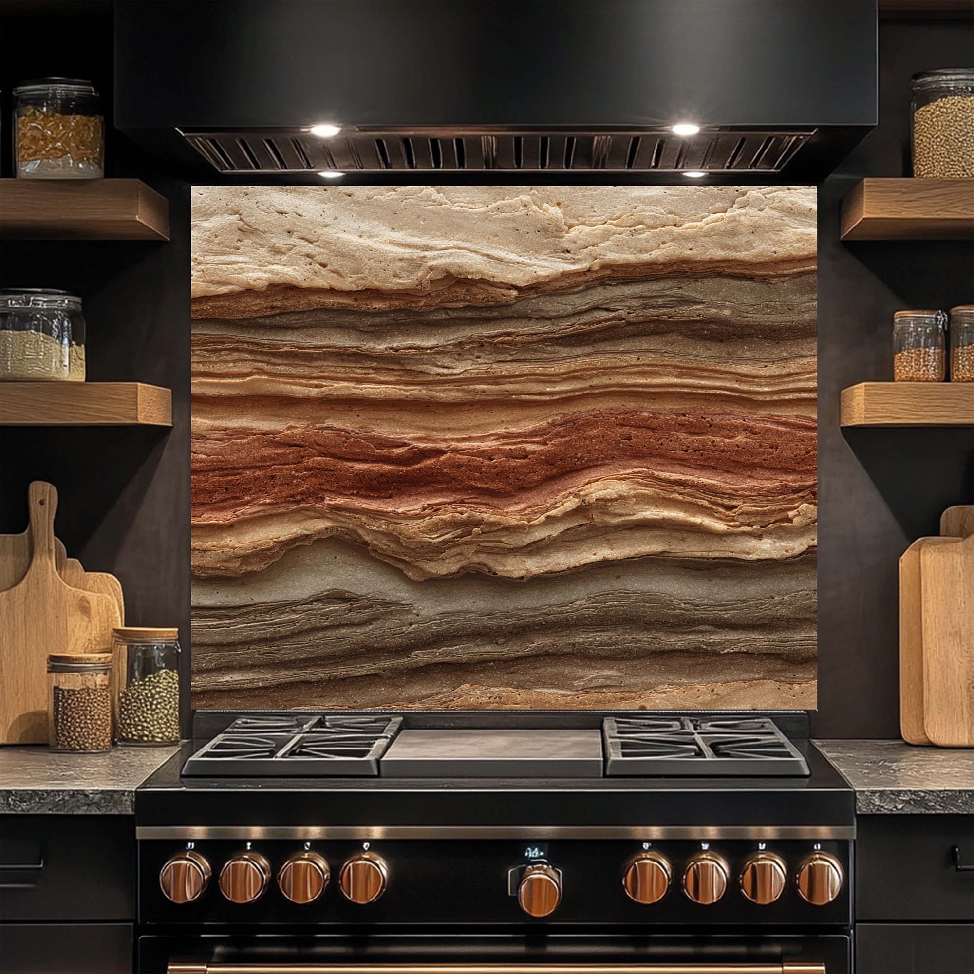 Strata Fusion – Salpicadero de cristal templado para cocina | Salpicadero de cristal geológico en tonos tierra
