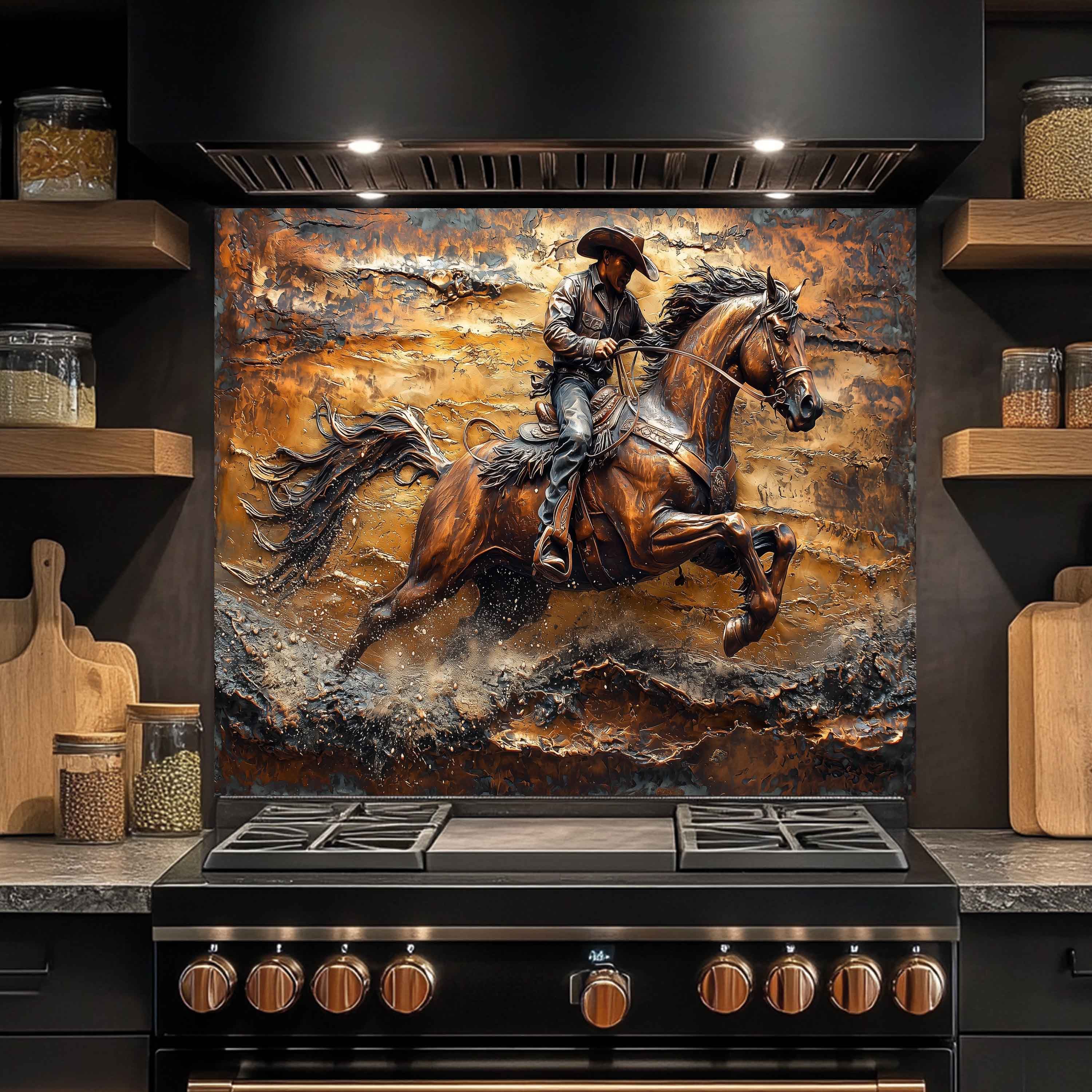 Salpicadero de cristal templado para cocina | Vaquero de aspecto cobrizo galopando en el desierto