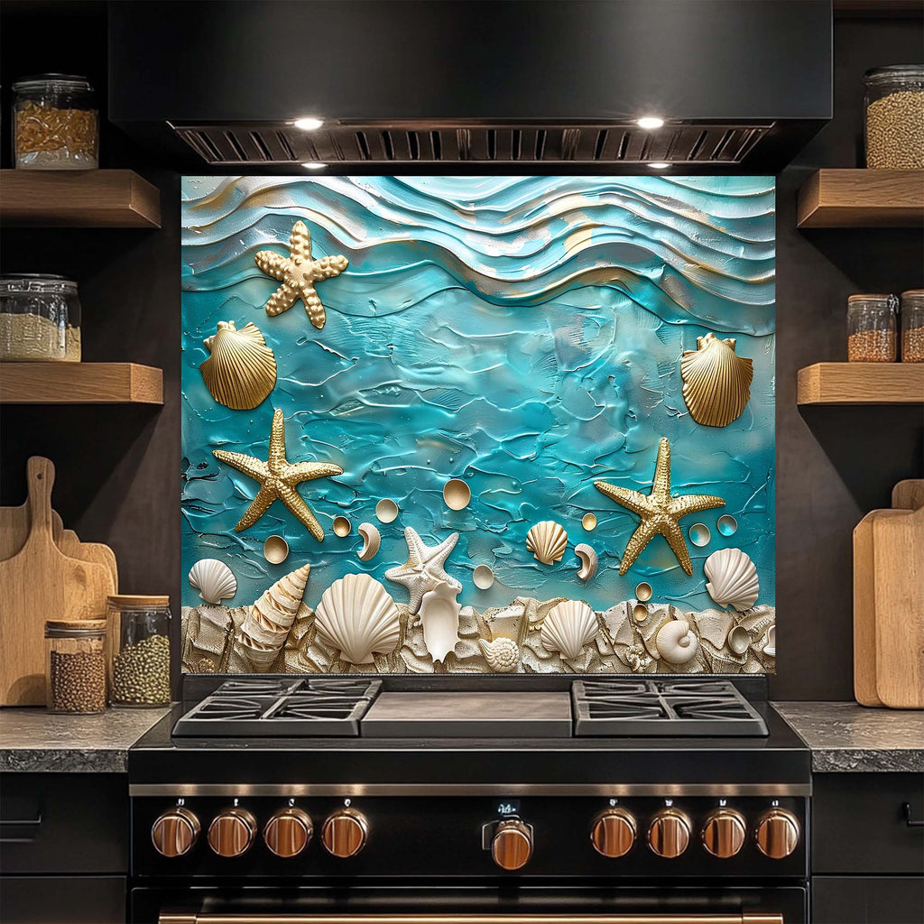 Ocean Breeze – Salpicadero de Cristal Templado para Cocina – Salpicadero de Conchas Marinas Costeras