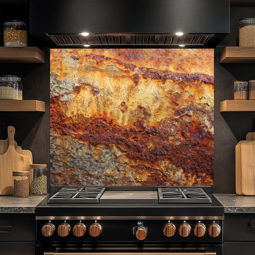 Rust Flow – Tempered Glass Backsplash | Industrial Abstract Copper Look Kitchen Backsplash