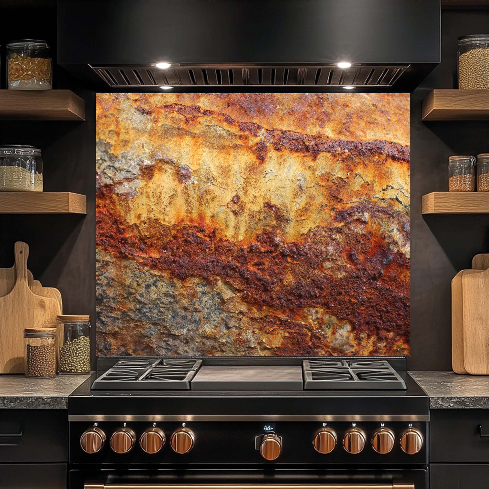 Rust Flow – Tempered Glass Backsplash | Industrial Abstract Copper Look Kitchen Backsplash