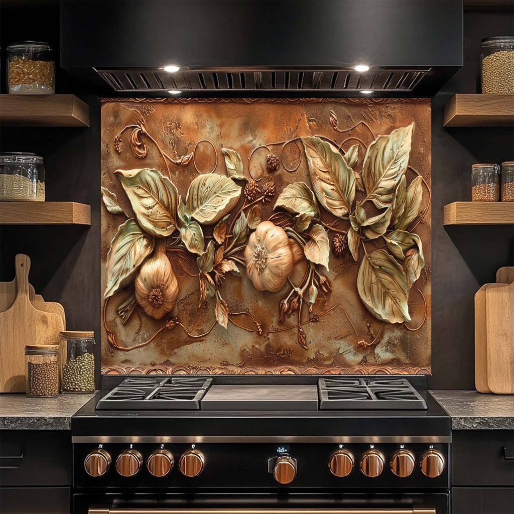 Golden Harvest Relief Tempered Glass Backsplash for Kitchen | Tuscan Garlic Backsplash
