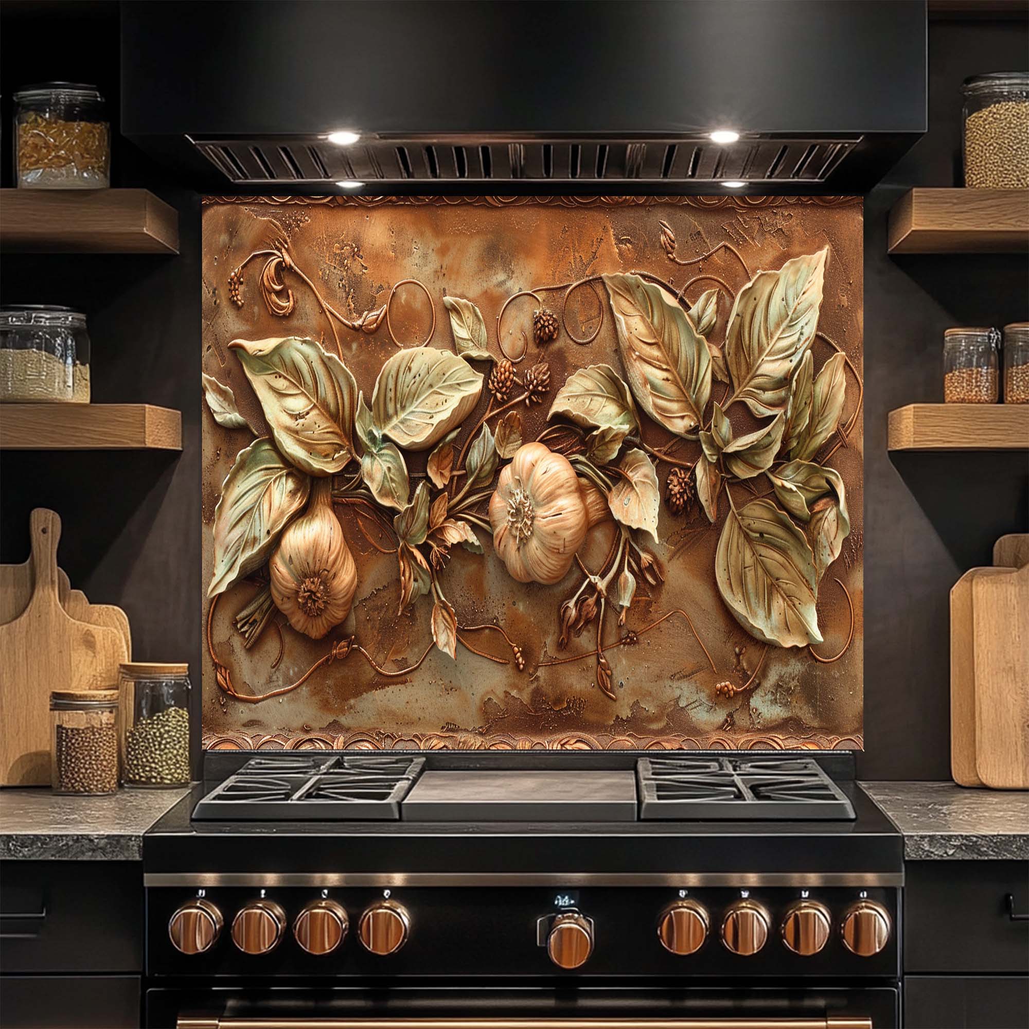Golden Harvest Relief Tempered Glass Backsplash for Kitchen | Tuscan Garlic Backsplash