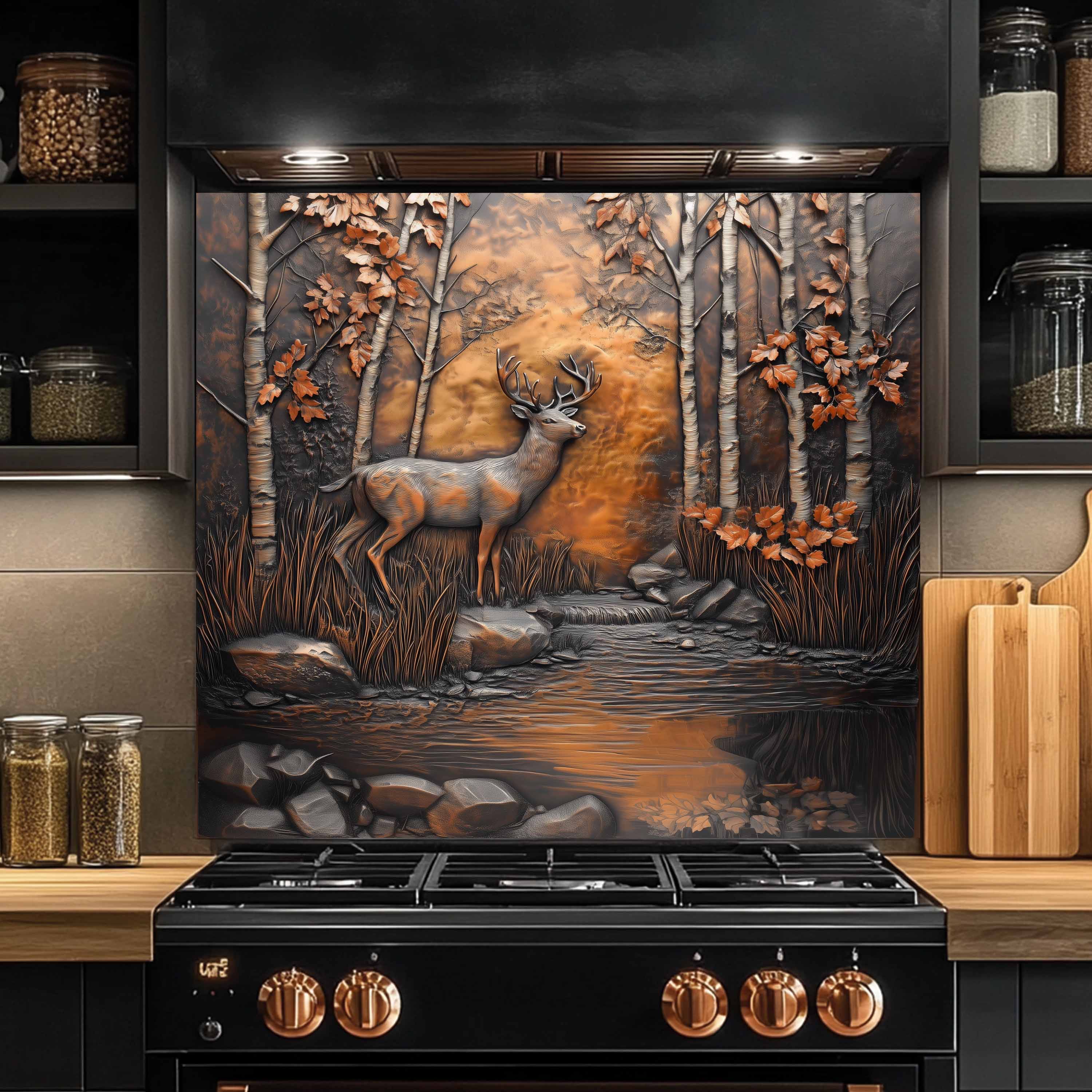 Salpicadero de cristal templado de ciervo otoñal – Salpicadero de cocina con ciervos en el bosque