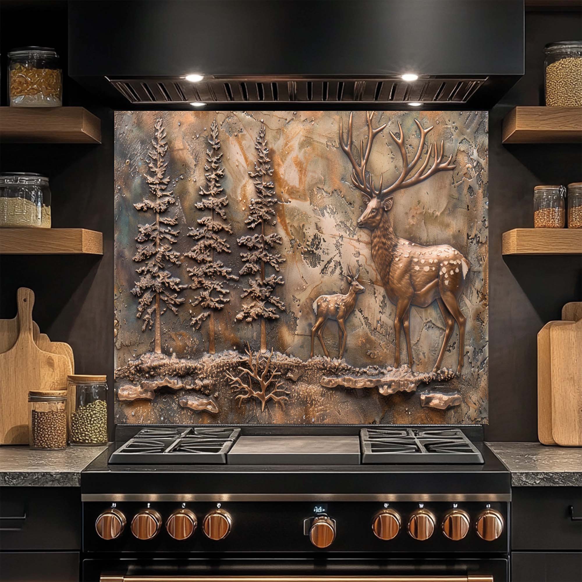 Bronze Elk Scene – Tempered Glass Backsplash for Kitchen | Forest Deer Stove Backsplash