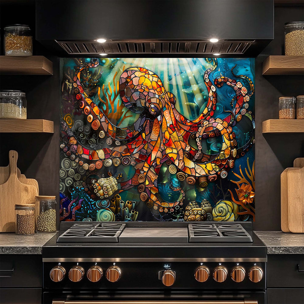 Odisea de Pulpos – Salpicadero de Cristal Templado para Cocina – Salpicadero con Aspecto de Vidriera
