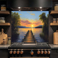 Golden Dock – Tempered Glass Backsplash for Kitchen Stove | Lakeside Sunset Backsplash