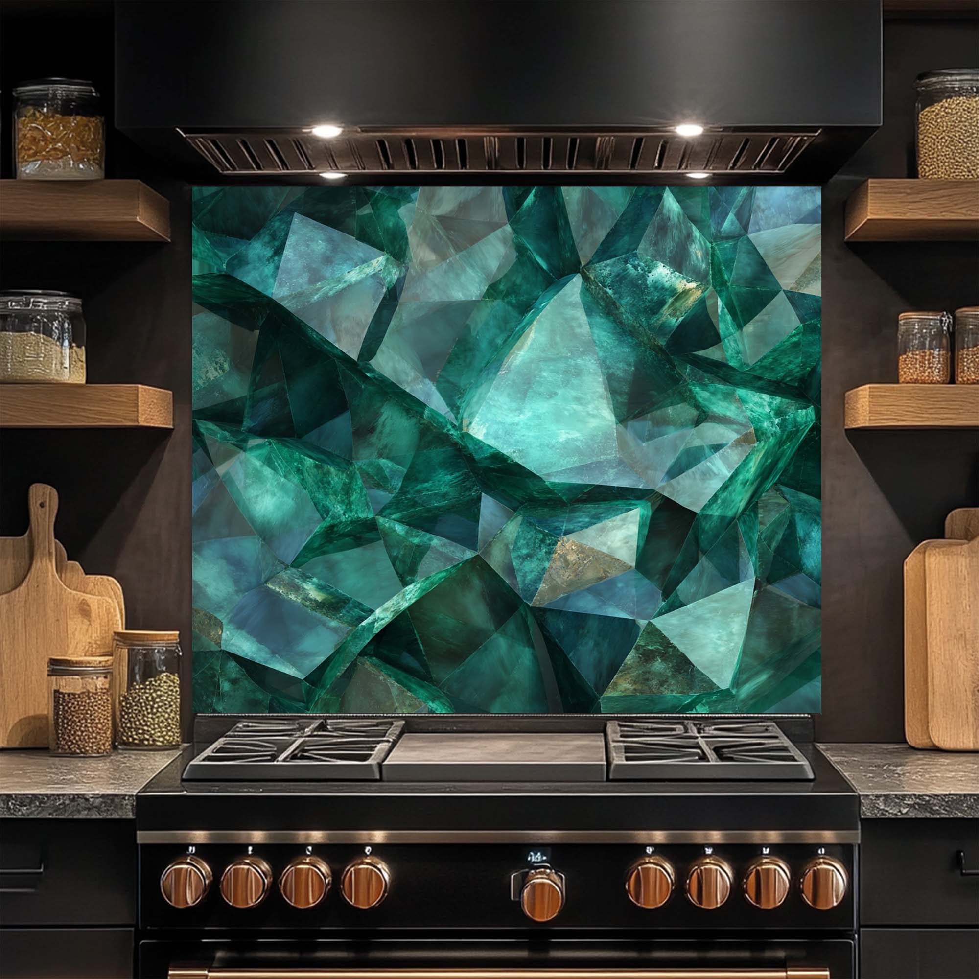 Emerald Shards – Tempered Glass Backsplash for Kitchen | Luxury Gem-Inspired Backsplash