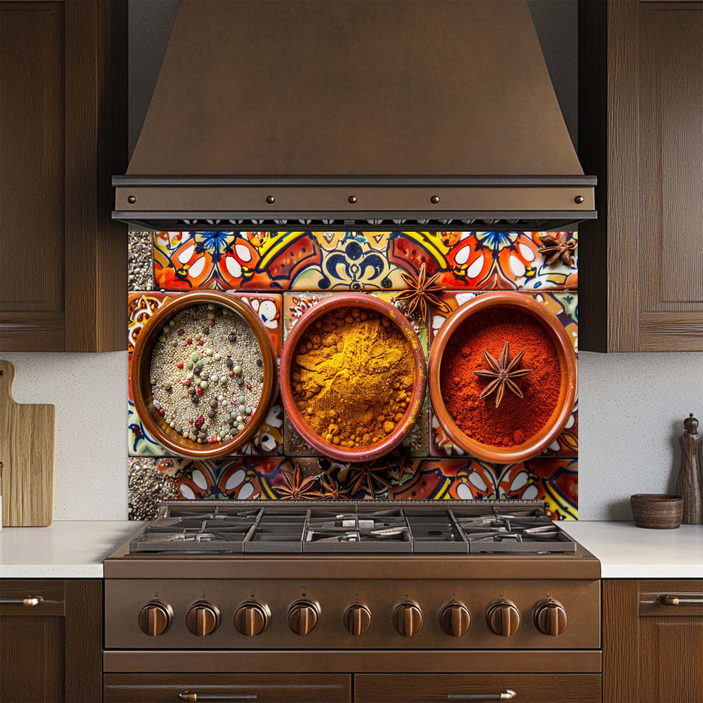 Spice Harmony – Tempered Glass Backsplash for Kitchen | Colorful Spice Bowls Backsplash