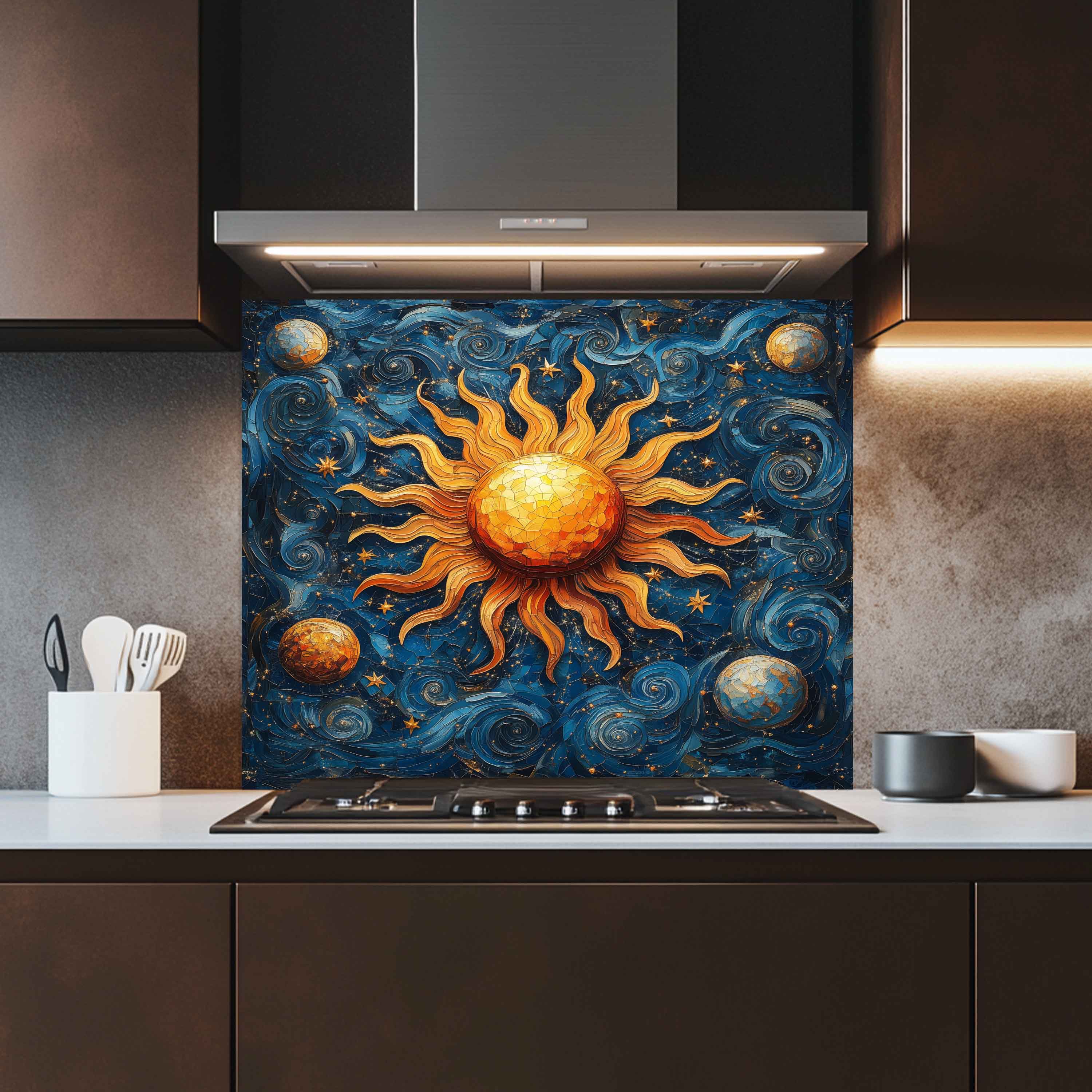Solar Waltz Tempered Glass Backsplash – Cosmic Sun and Galaxy Kitchen Splashback