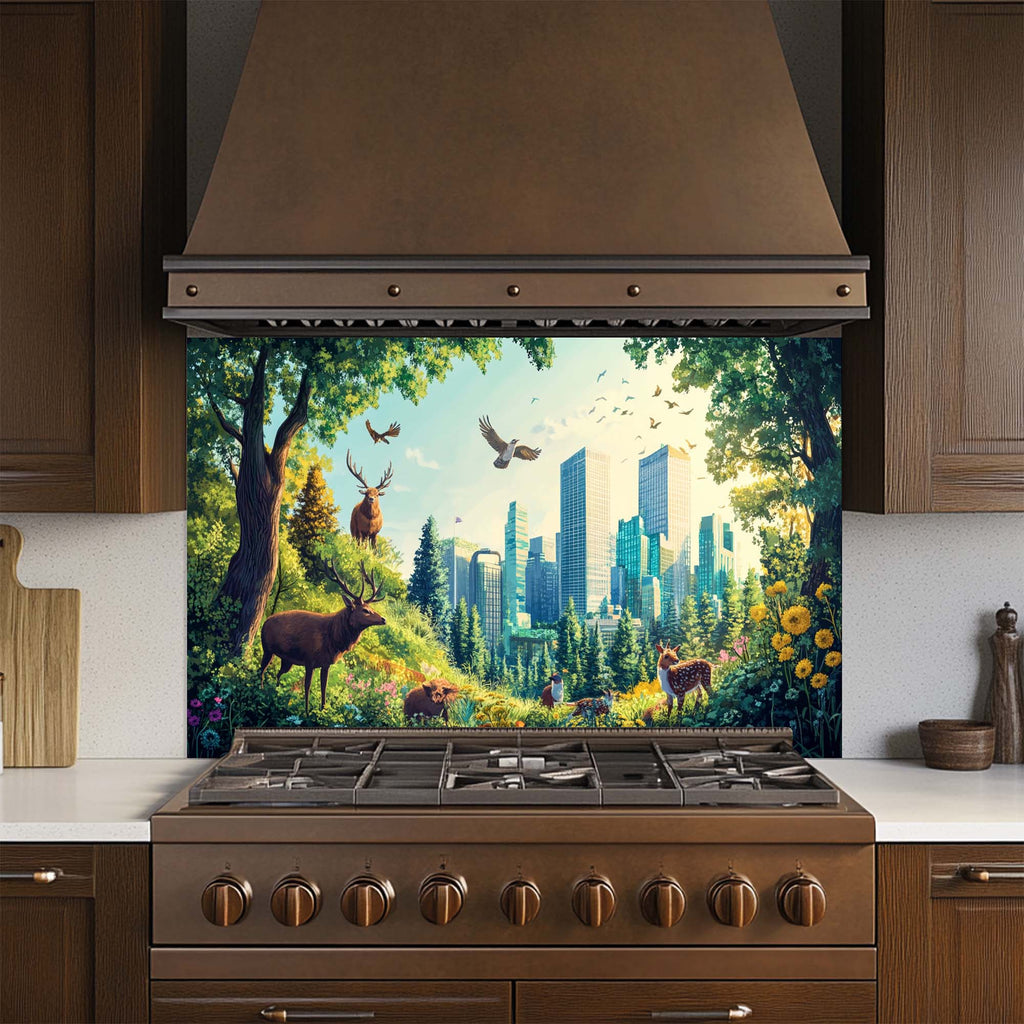 Emerald Haven – Salpicadero de Cristal Templado para Cocina | Salpicadero Vibrante de Bosque Urbano