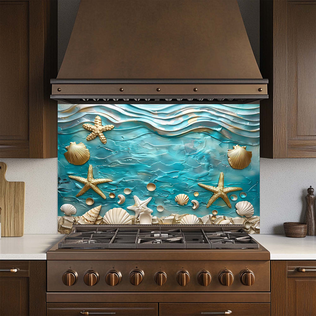 Ocean Breeze – Salpicadero de Cristal Templado para Cocina – Salpicadero de Conchas Marinas Costeras