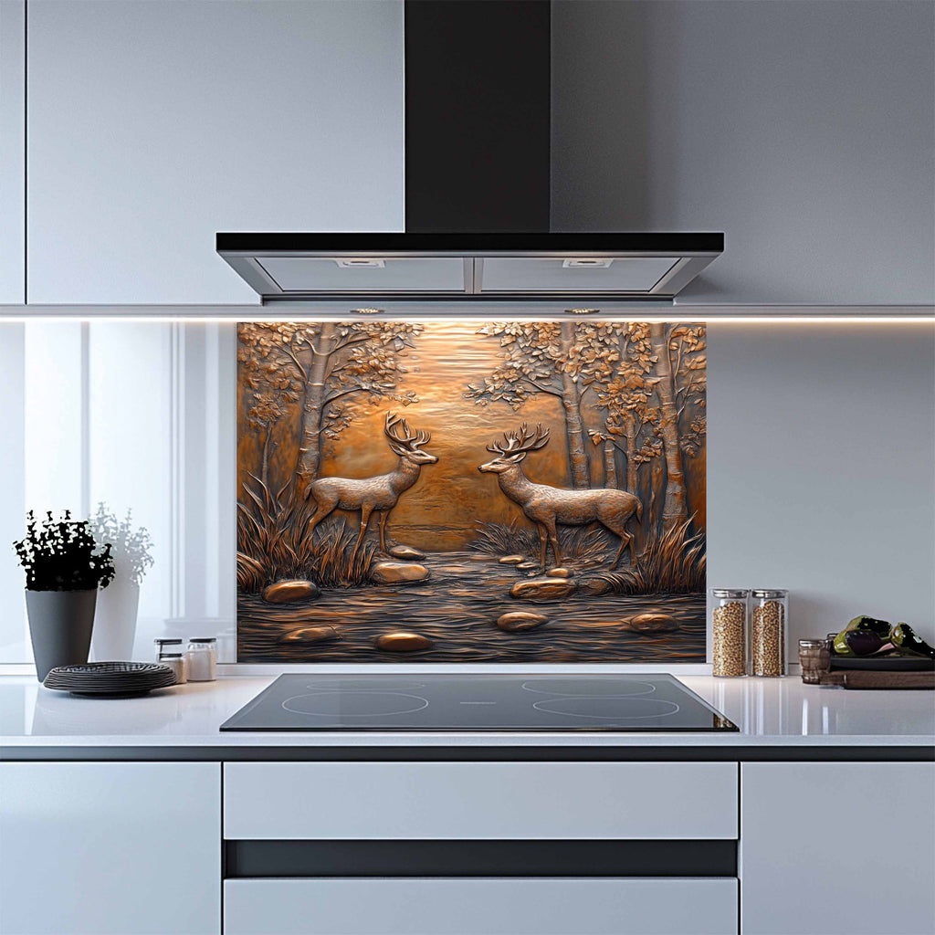 Protector contra salpicaduras de vidrio templado Encuentro en el bosque – Panel protector de cocina con escena de ciervos
