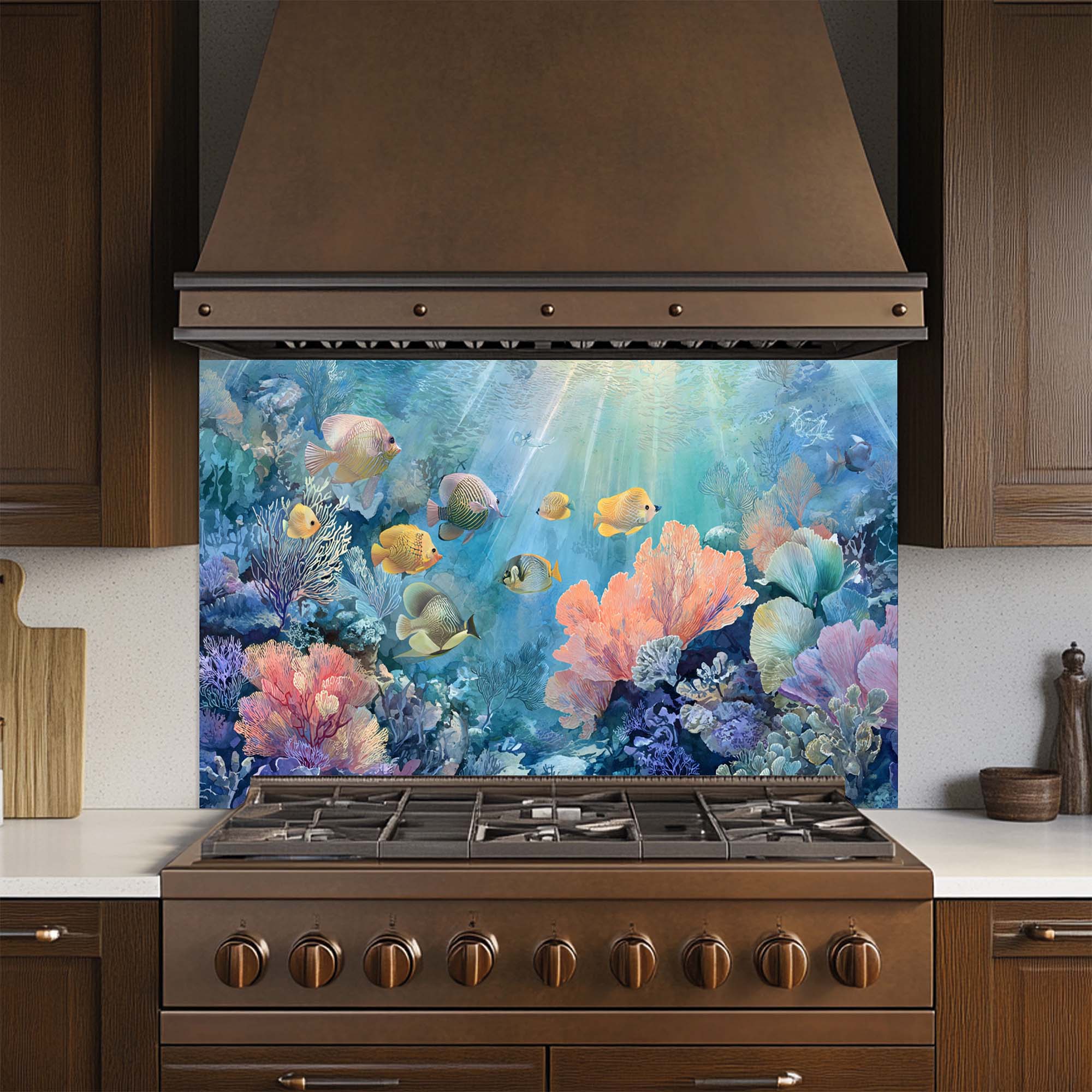 Aqua Garden – Tempered Glass Backsplash for Kitchen | Vibrant Ocean Fantasy Backsplash