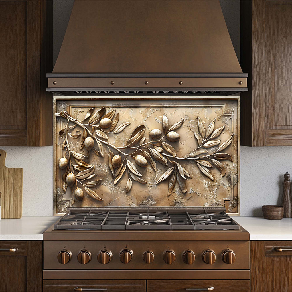 Olive Grace – Tempered Glass Backsplash for Kitchen | Textured Olive Branch Backsplash