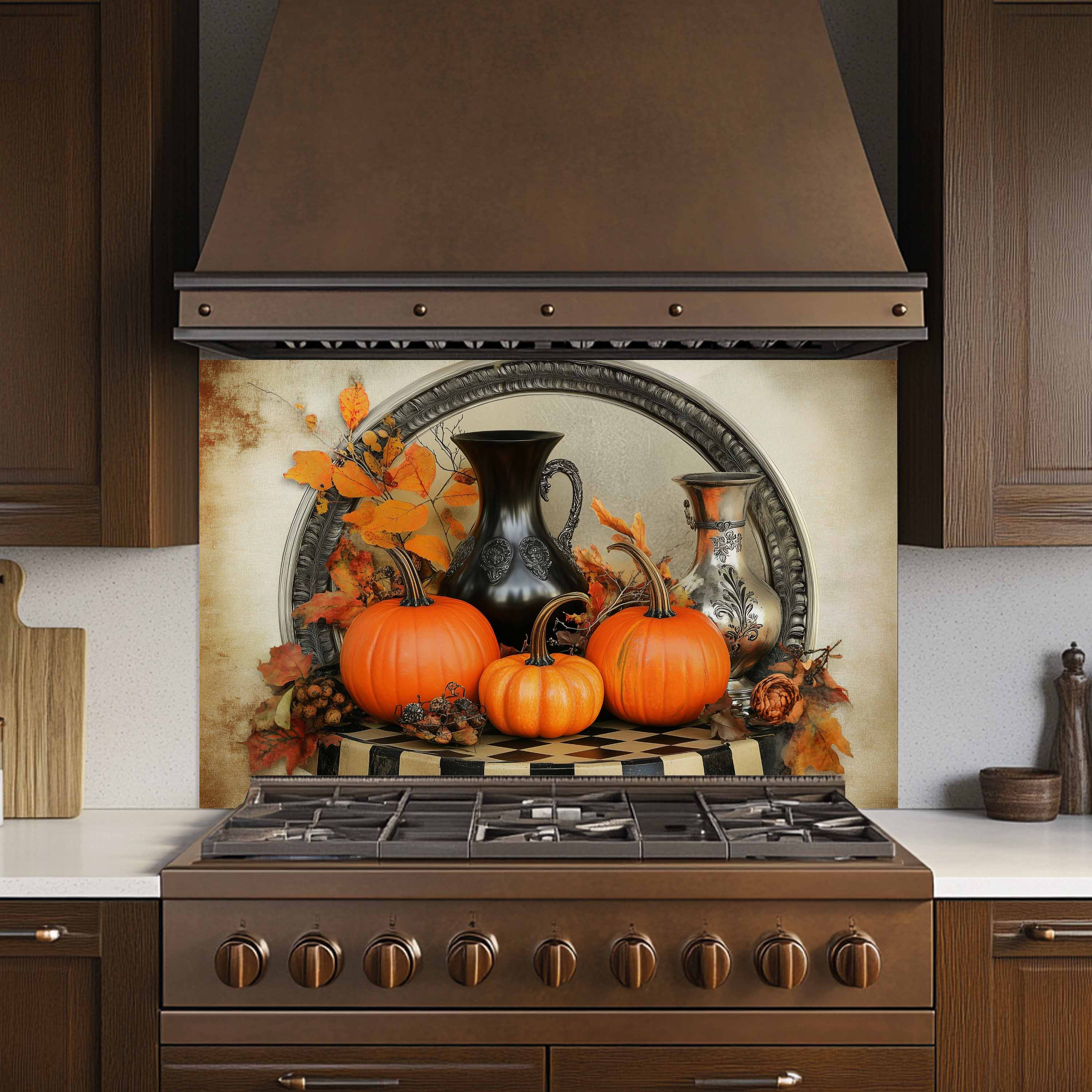 Salpicadero de Cristal Templado Cosecha de Otoño – Arte de Pared Vintage de Calabazas para Cocina