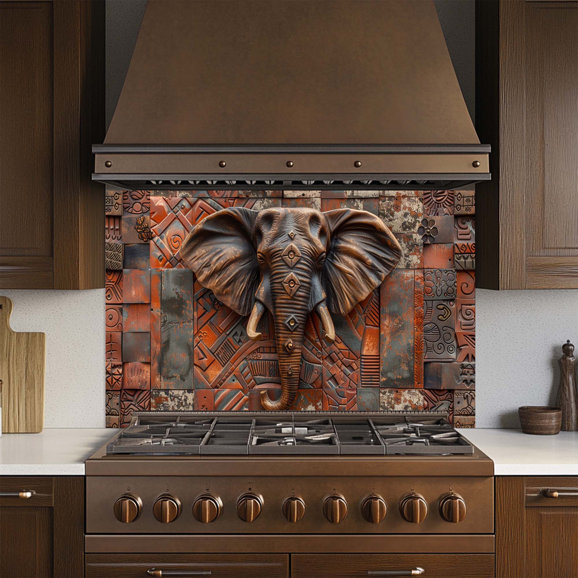 Tribal Elephant – Tempered Glass Backsplash | African Ethnic Pattern Kitchen Backsplash