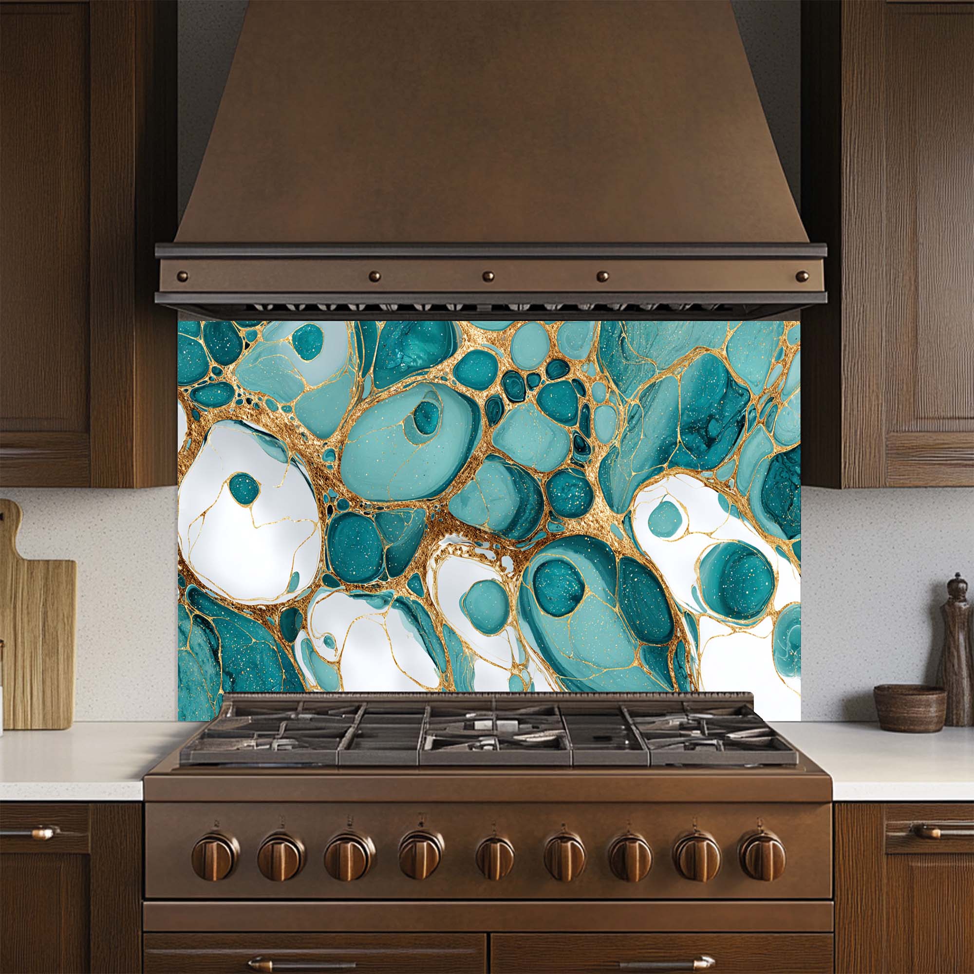 Aqua Veins - Tempered Glass Backsplash for Kitchen | Teal & Gold Fluid Backsplash
