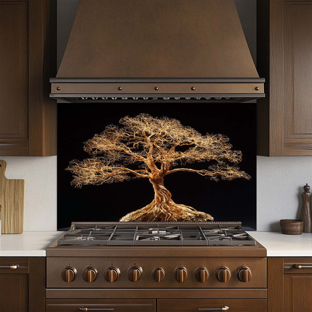 Golden Root – Tempered Glass Backsplash for Kitchen | Tree of Life in Gold Wire Style Backsplash