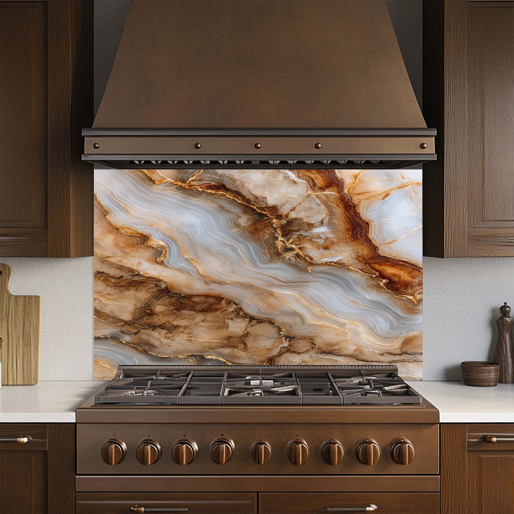 Onyx Gold – Salpicadero de cristal templado para cocina | Salpicadero con aspecto de mármol y ágata