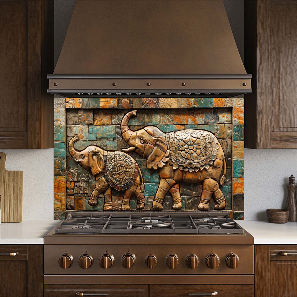 Elephant March Mosaic Tempered Glass Backsplash | Artistic Stove Glass Backsplash