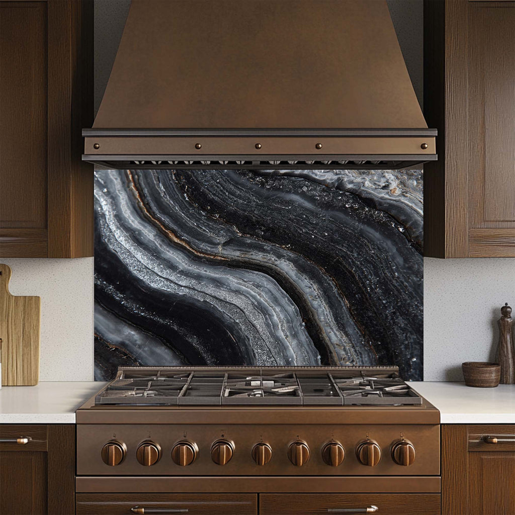 Vetas de Obsidiana – Salpicadero de Vidrio Templado para Cocina | Salpicadero Monocromático de Lujo