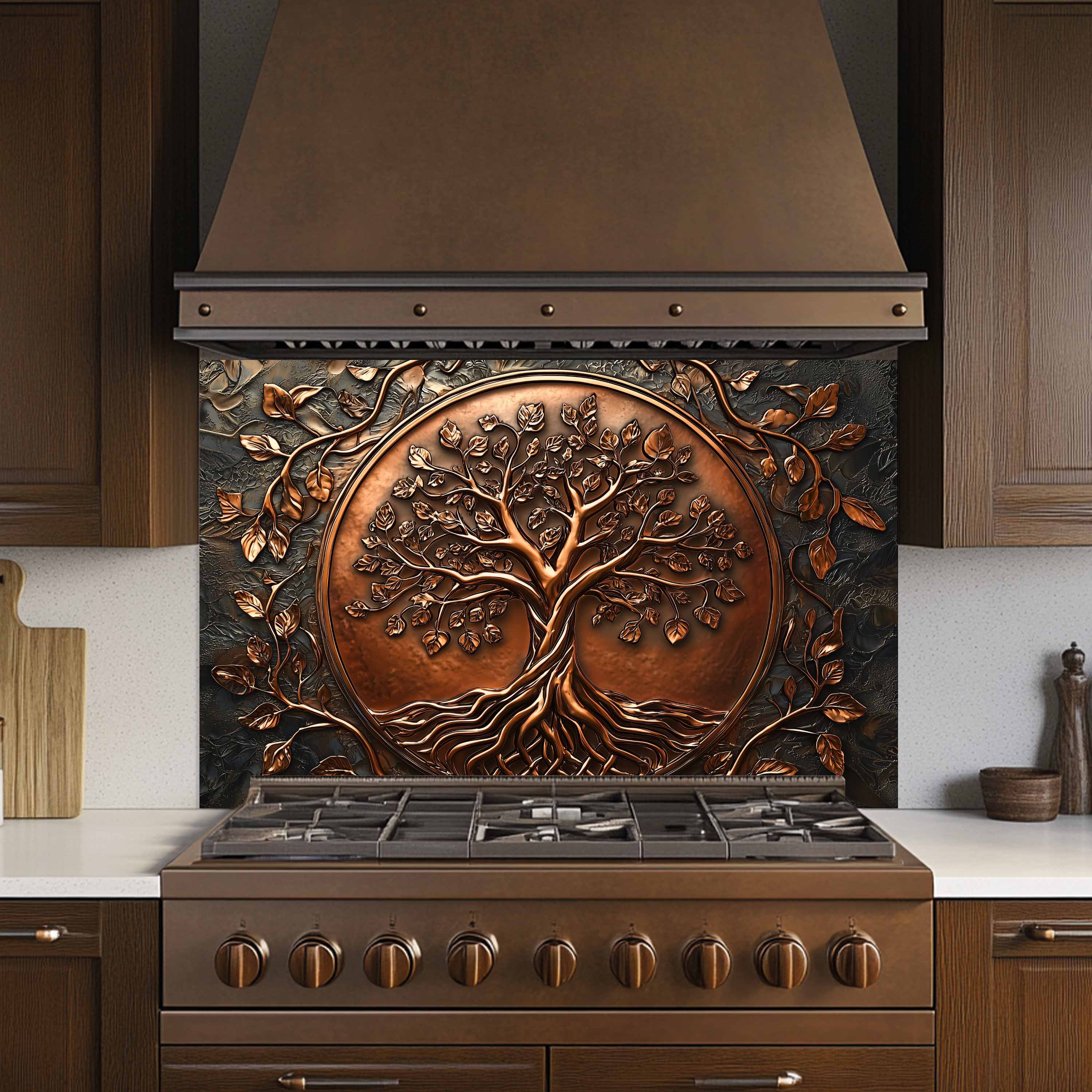 Protector contra salpicaduras de cocina personalizado – Árbol con aspecto de cobre Protector de salpicaduras para estufa de vidrio templado
