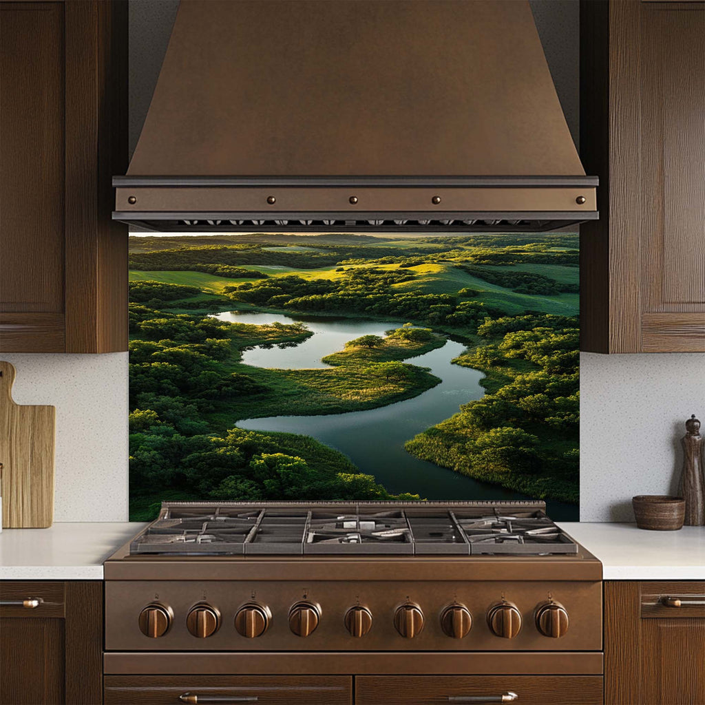 Emerald Flow – Tempered Glass Backsplash for Kitchen | Serene River Landscape Backsplash