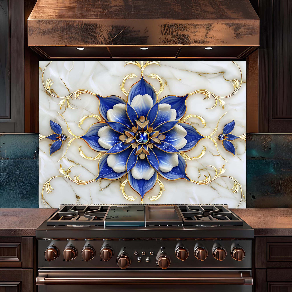 Salpicadero de cristal templado para cocina – Royal Blue Blossom Salpicadero personalizado