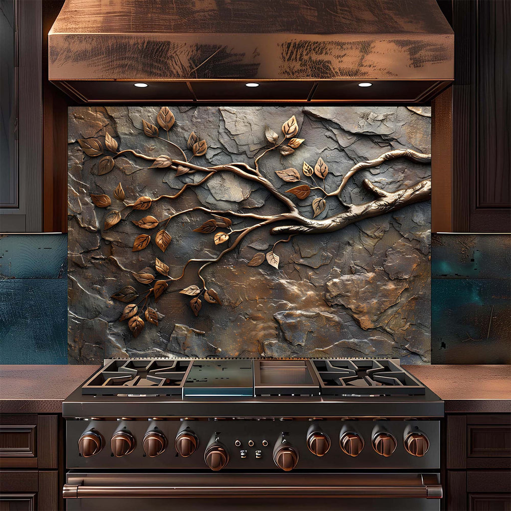 Custom Kitchen Backsplash – Bronze Branches Tempered Glass Stove Backsplash