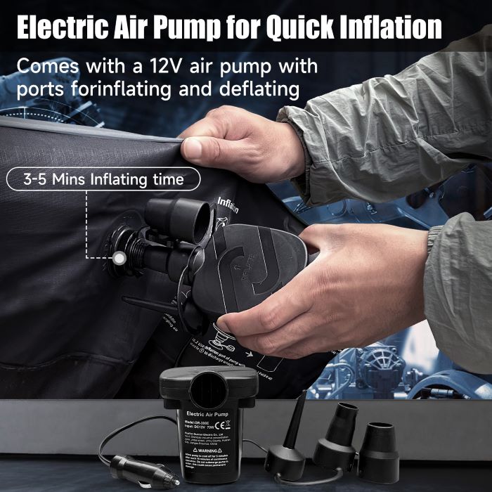 Colchón de aire universal DikaSun para SUV – Flocado mejorado, superficie Oxford extragruesa, con bomba eléctrica y cable de carga de 3 m (gris)