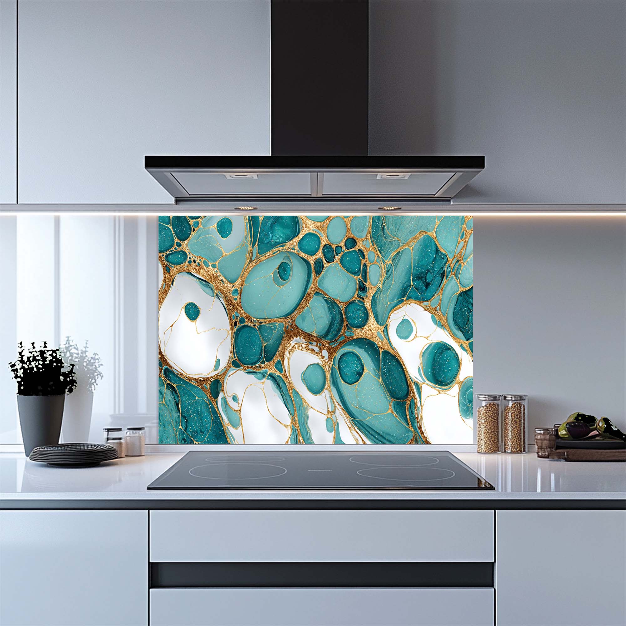 Aqua Veins - Tempered Glass Backsplash for Kitchen | Teal & Gold Fluid Backsplash