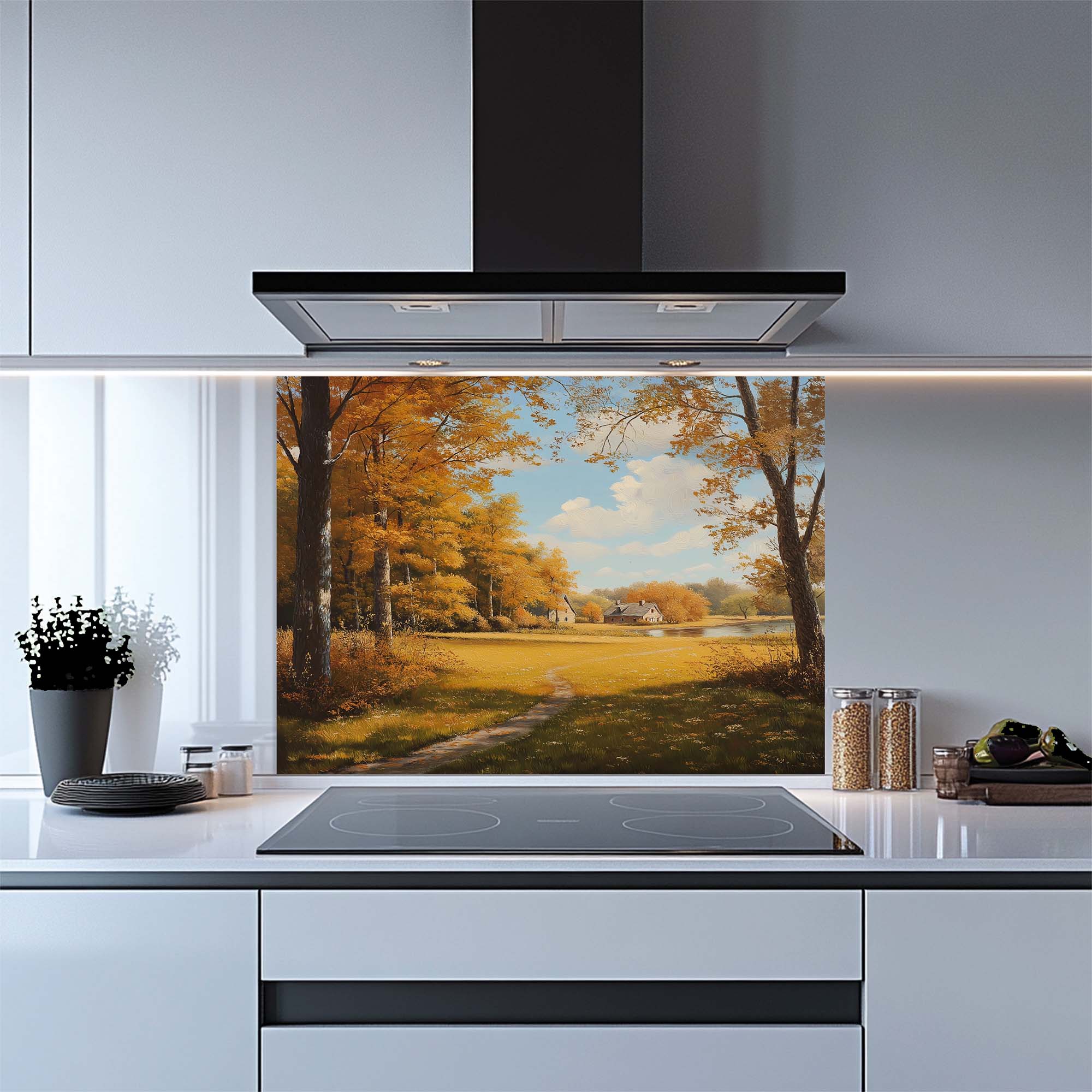 Amber Haven – Tempered Glass Backsplash for Kitchen | Autumn Cottage Landscape Backsplash