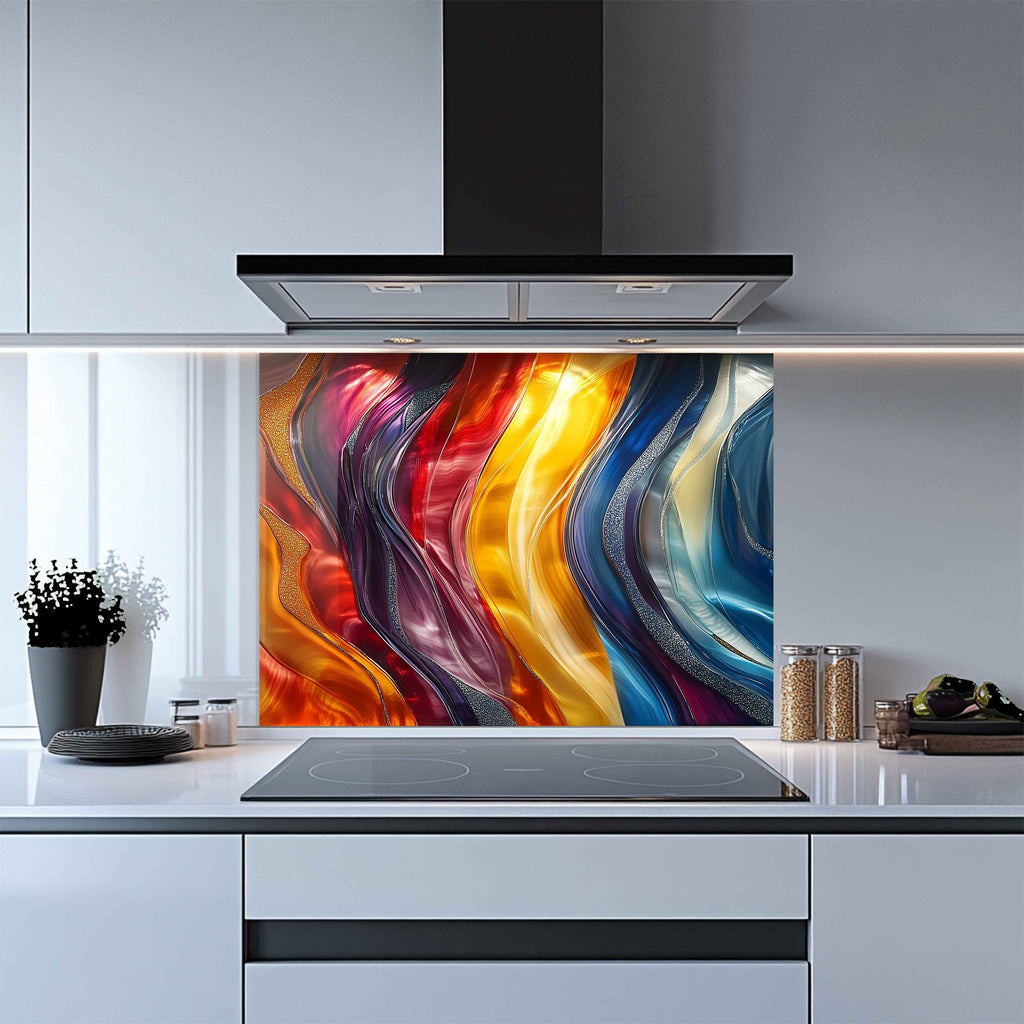 Aurora Waves Salpicadero de cristal templado – Panel de pared de cocina moderno abstracto personalizado