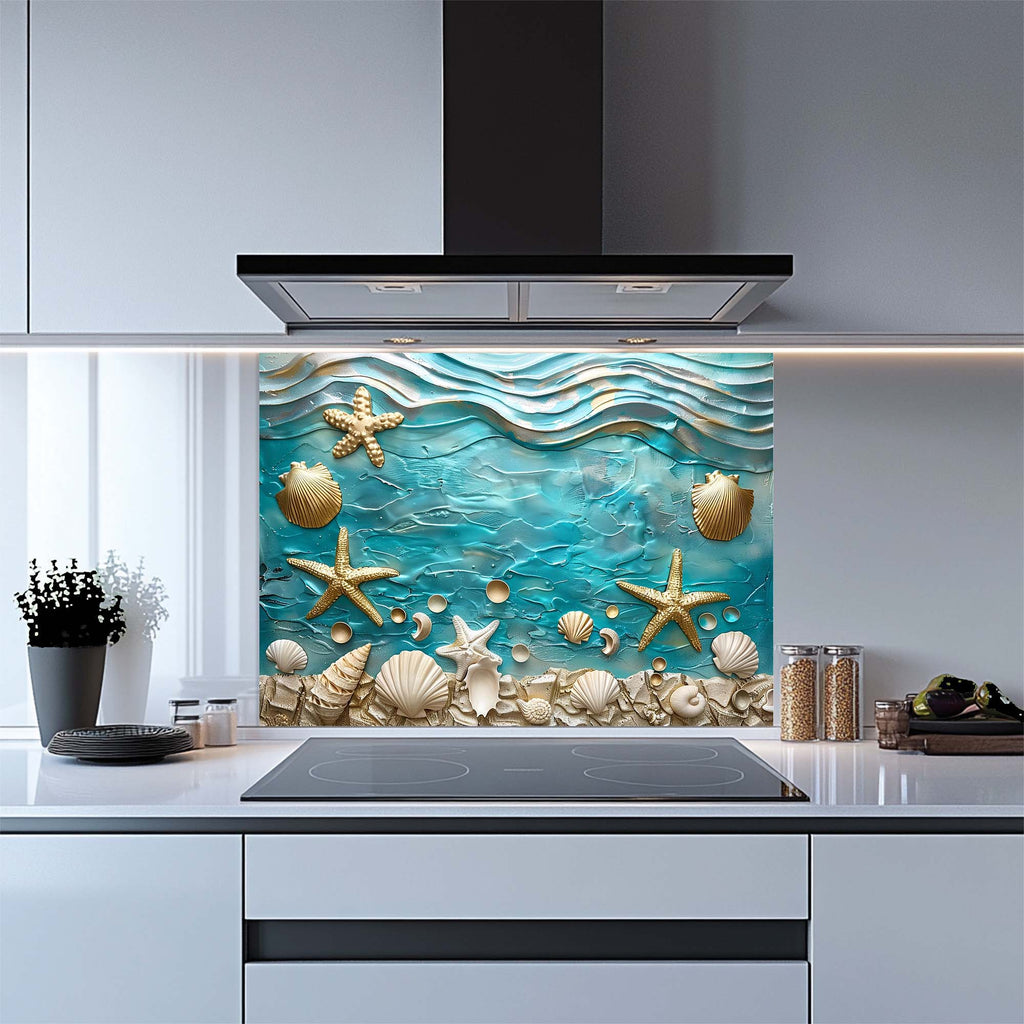 Ocean Breeze – Salpicadero de Cristal Templado para Cocina – Salpicadero de Conchas Marinas Costeras