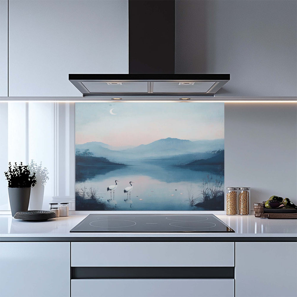 Moon Cranes – Protector contra salpicaduras de vidrio templado para cocina | Protector contra salpicaduras con sereno paisaje lacustre