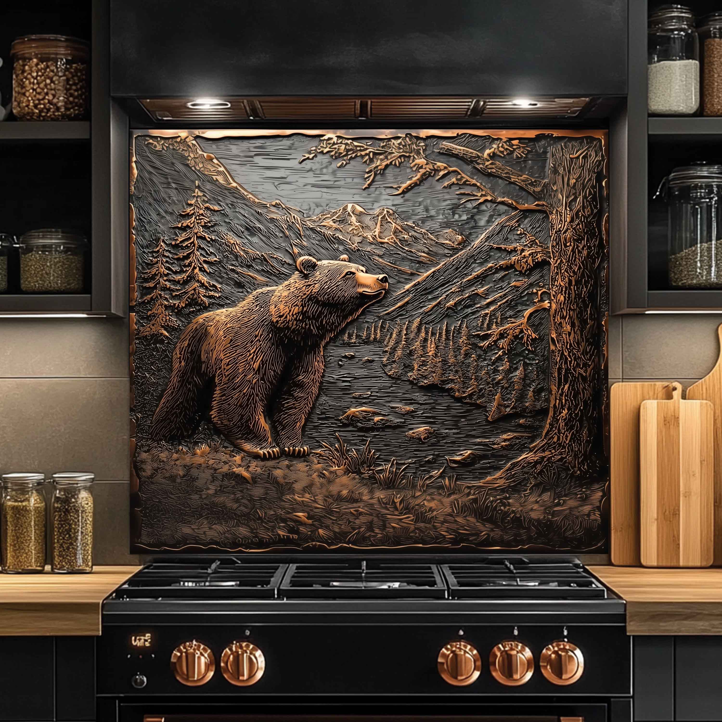 Mountain Whisper Tempered Glass Backsplash – Bear in Forest Kitchen Backsplash Panel