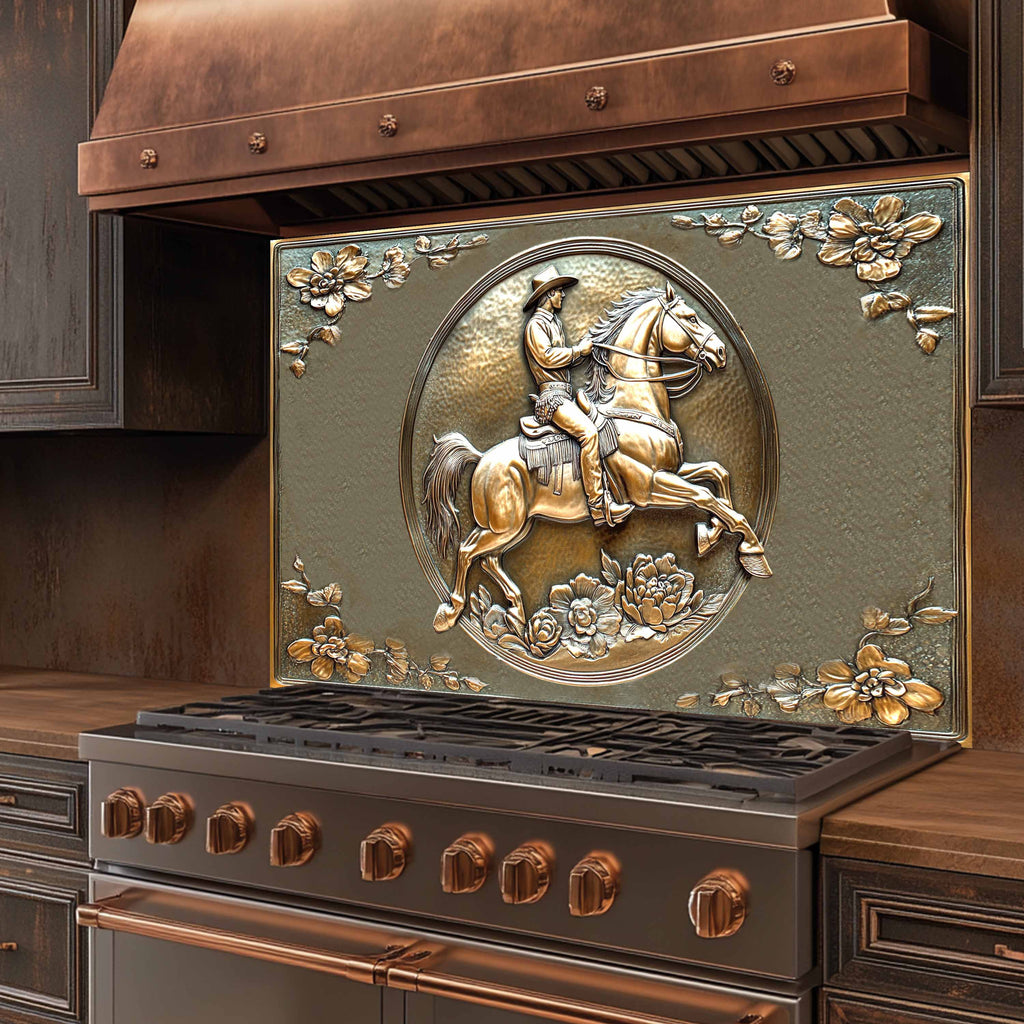 Salpicadura de vidrio templado Cobre Rider – Salpicadero de cocina vaquero del oeste