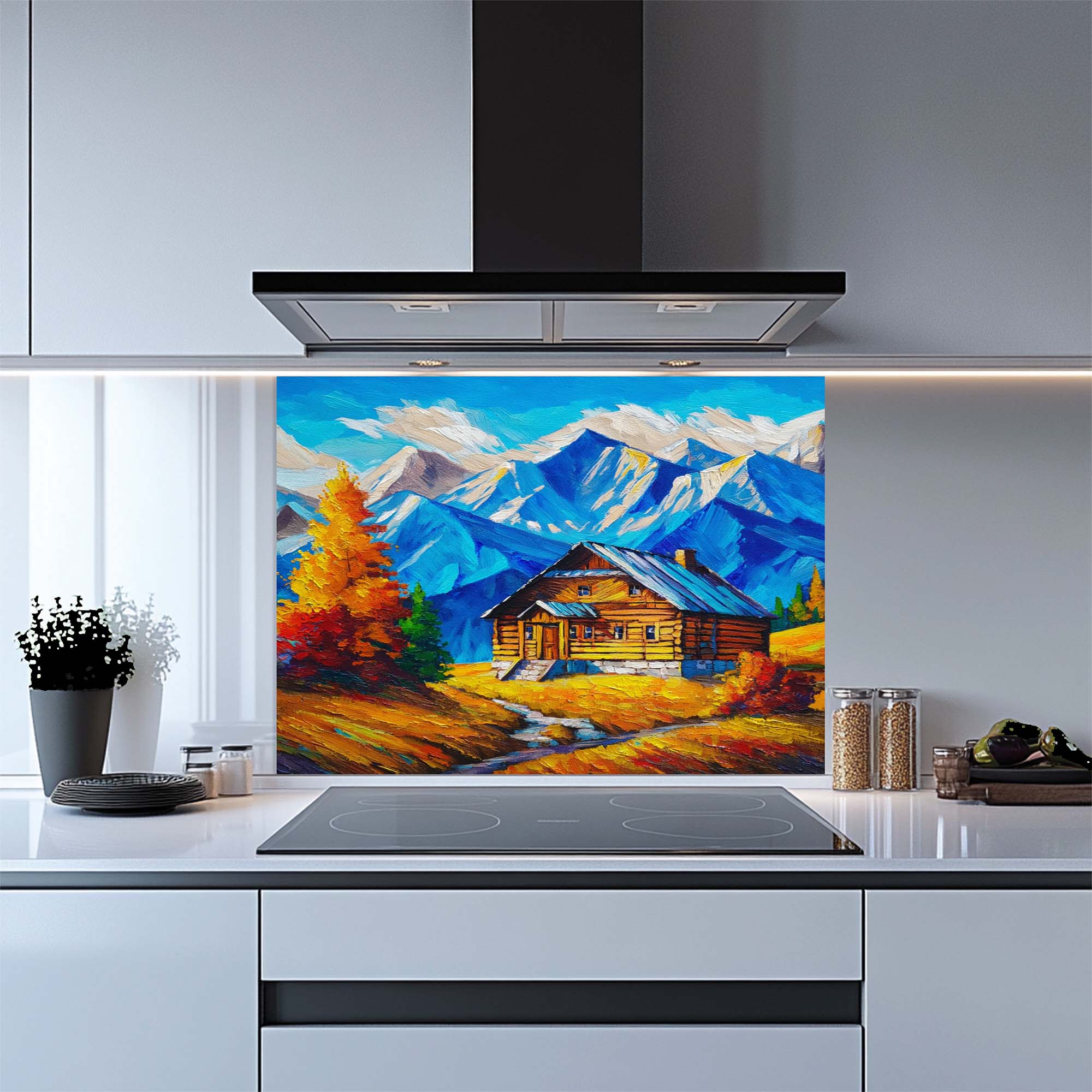 Mountain Cabin Glow – Tempered Glass Backsplash for Kitchen | Rustic Cabin Backsplash