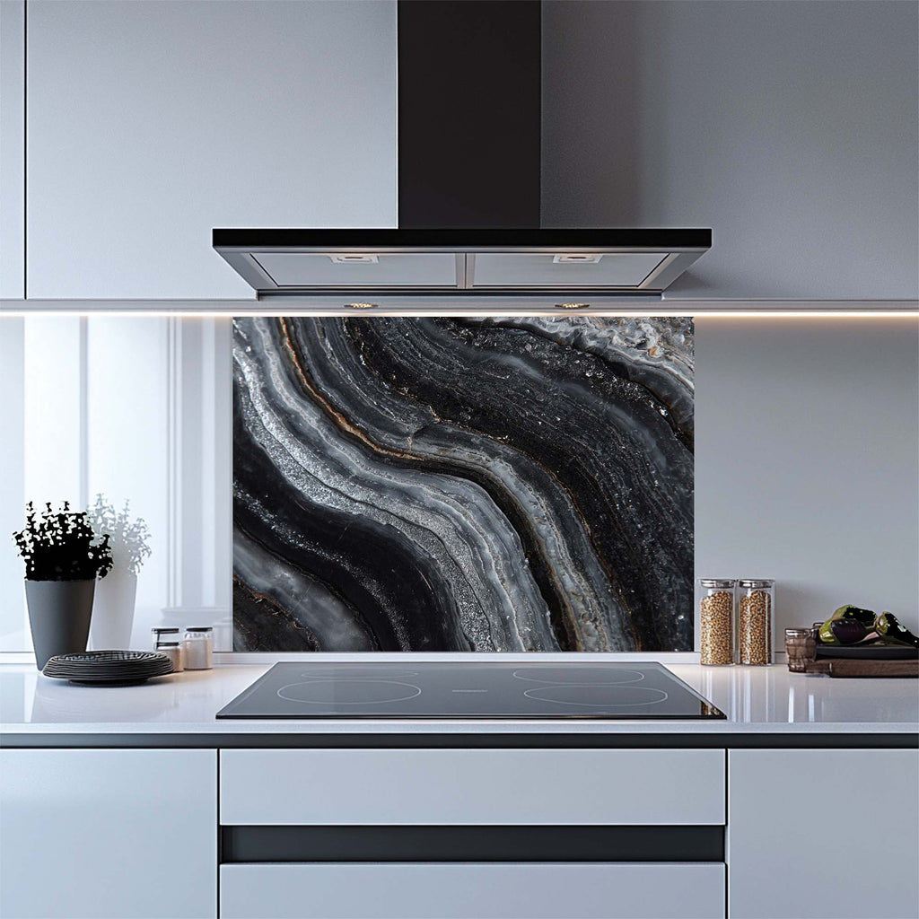 Vetas de Obsidiana – Salpicadero de Vidrio Templado para Cocina | Salpicadero Monocromático de Lujo