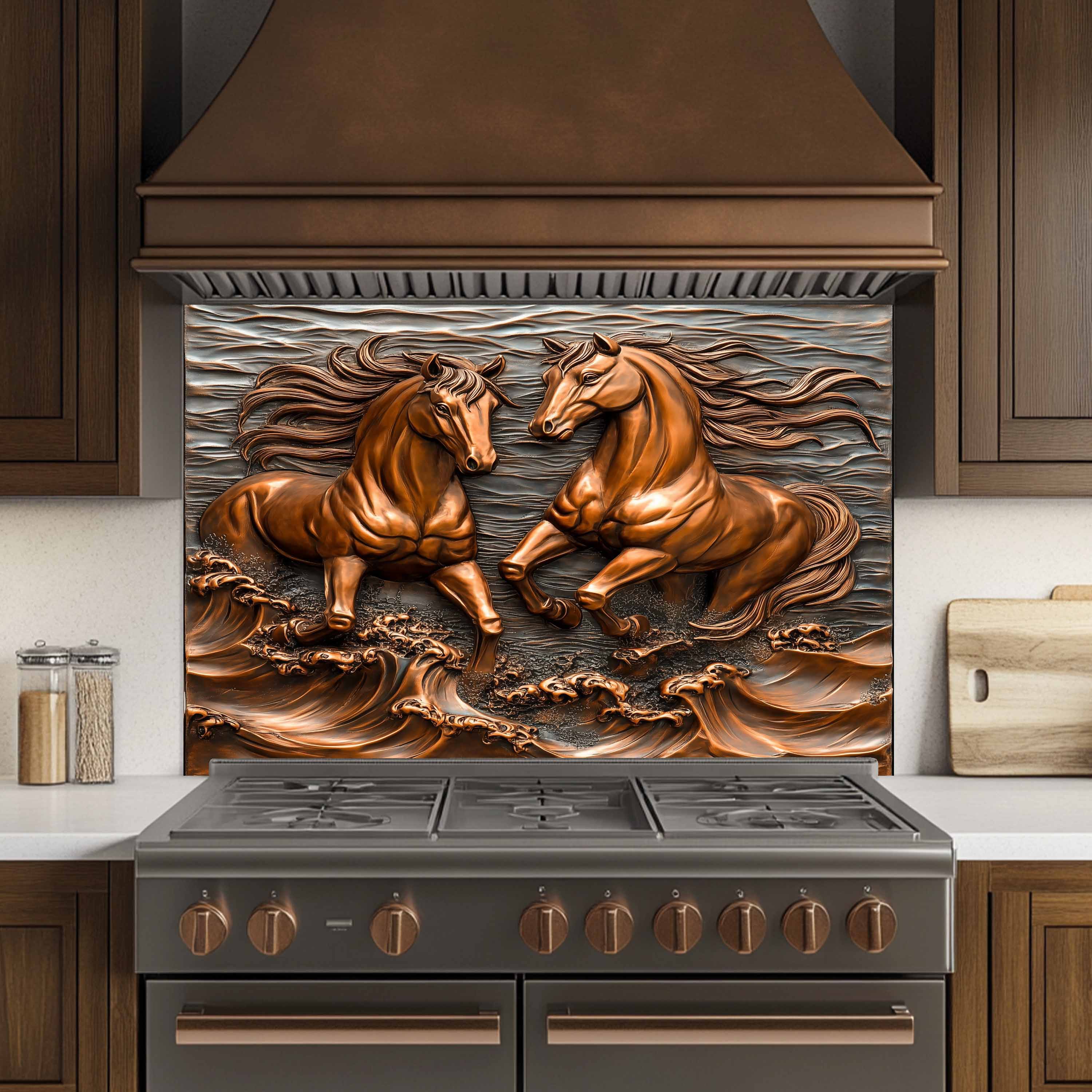 Panel antisalpicaduras de vidrio templado Ocean Stallions – Panel antisalpicaduras de cocina Caballos salvajes