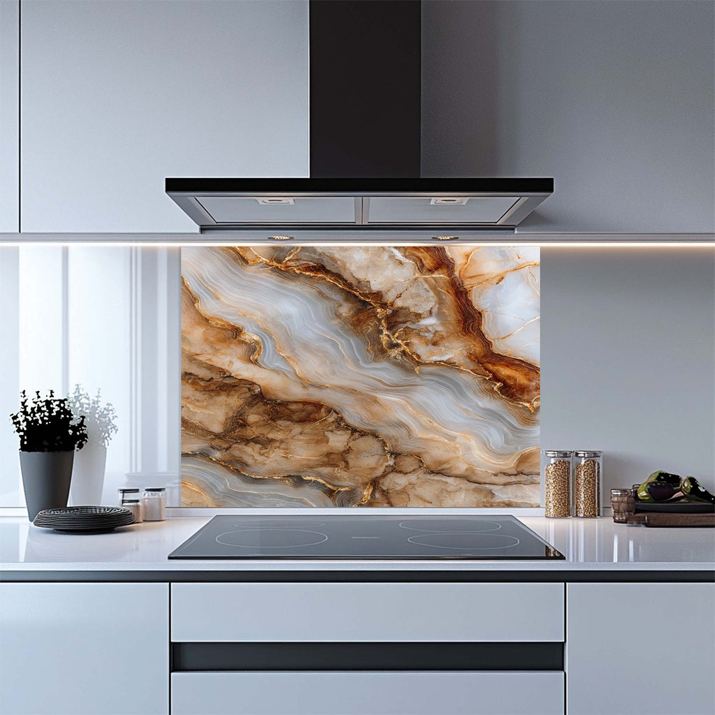 Onyx Gold – Salpicadero de cristal templado para cocina | Salpicadero con aspecto de mármol y ágata