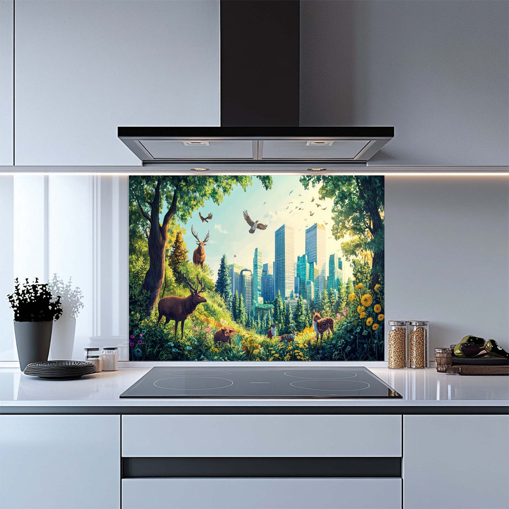 Emerald Haven – Salpicadero de Cristal Templado para Cocina | Salpicadero Vibrante de Bosque Urbano