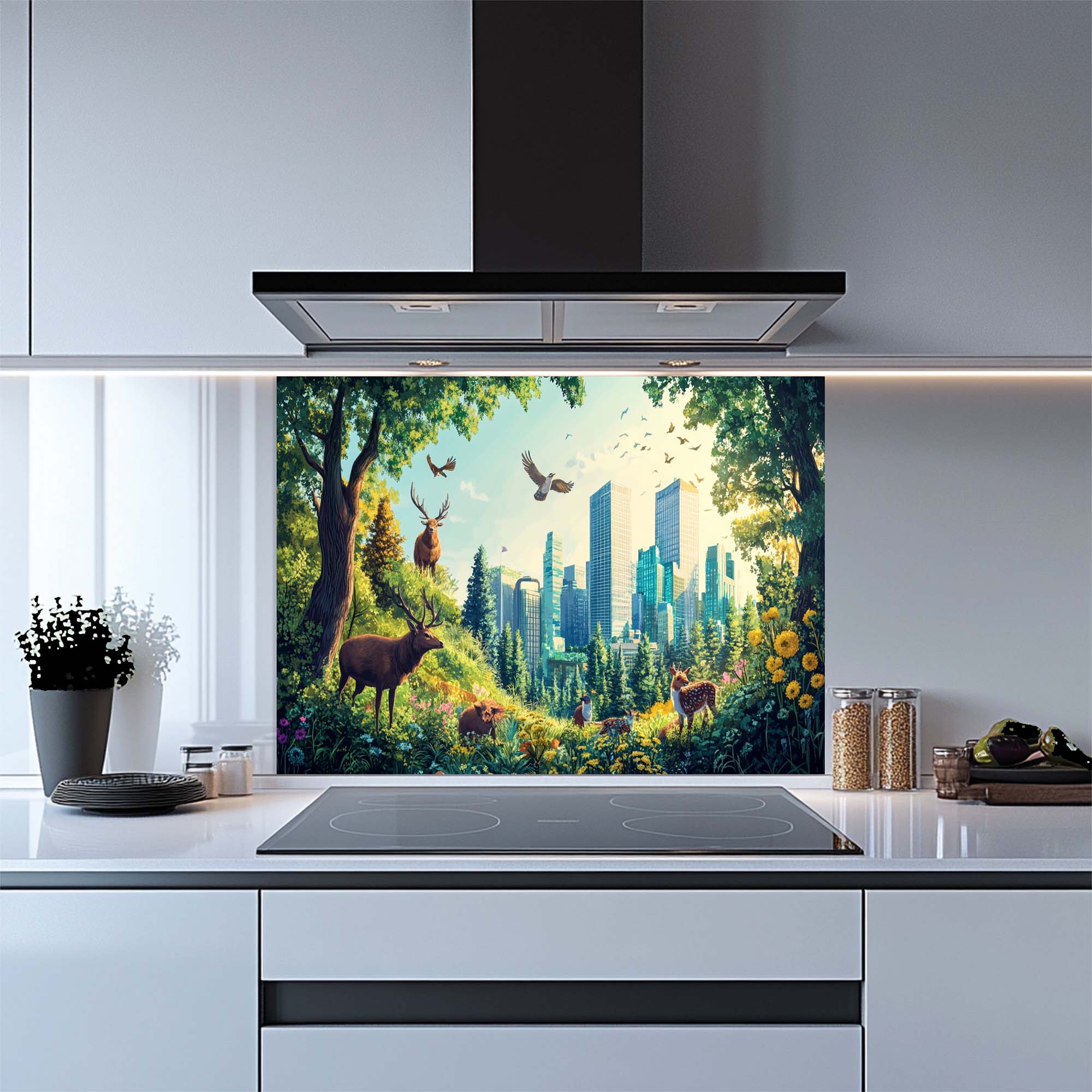 Emerald Haven – Salpicadero de Cristal Templado para Cocina | Salpicadero Vibrante de Bosque Urbano