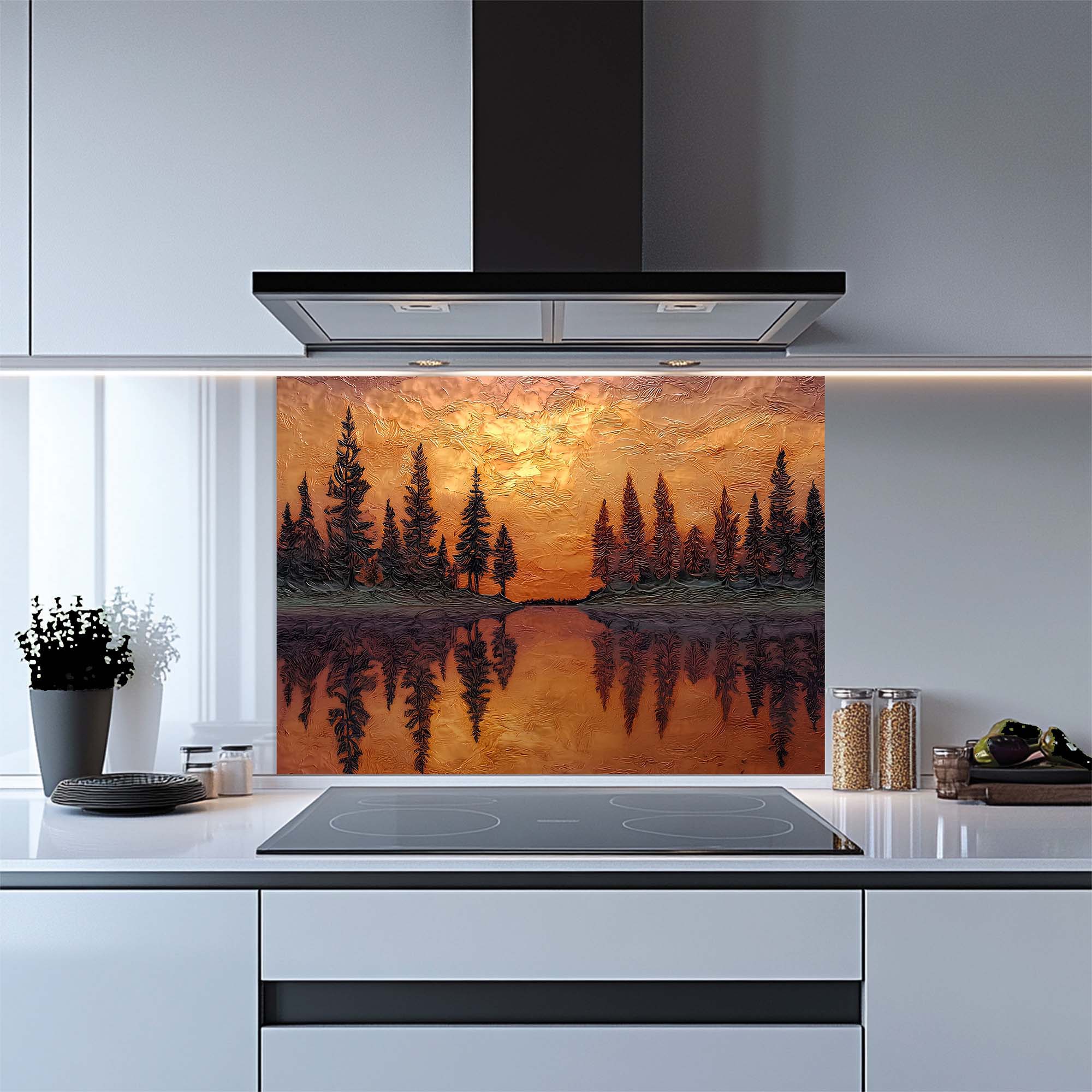 Reflejo de Atardecer – Salpicadero de Vidrio Templado para Cocina – Salpicadero de Vidrio con Aspecto Cobrizo