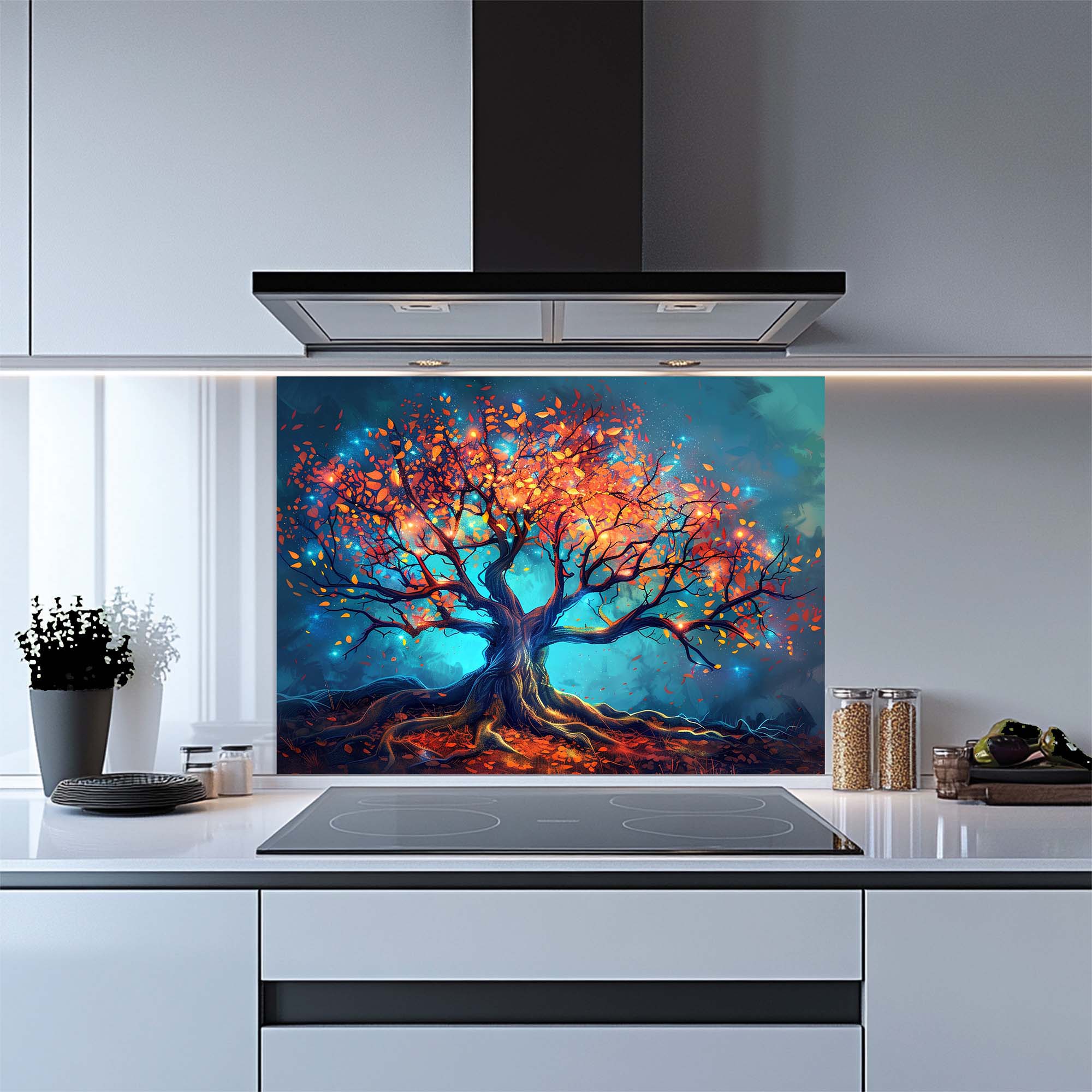 Árbol Encantado de Luz - Salpicadero de Cristal Templado para Cocina - Salpicadero de Naturaleza