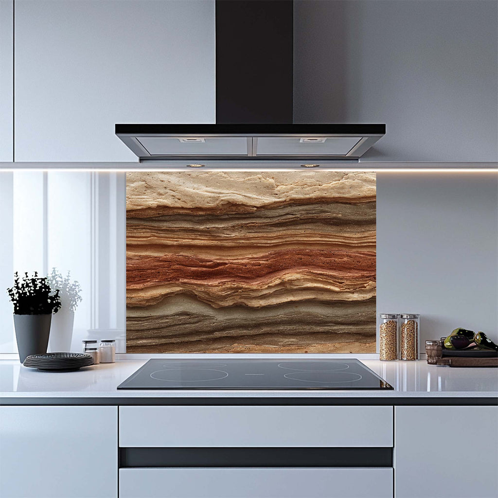 Strata Fusion – Salpicadero de cristal templado para cocina | Salpicadero de cristal geológico en tonos tierra