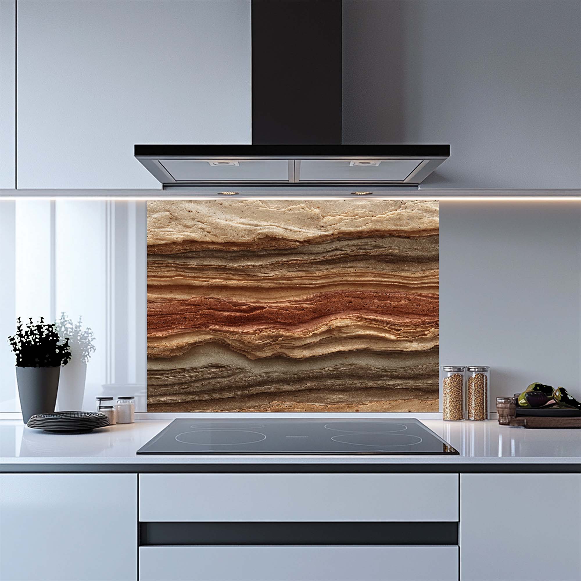 Strata Fusion – Salpicadero de cristal templado para cocina | Salpicadero de cristal geológico en tonos tierra