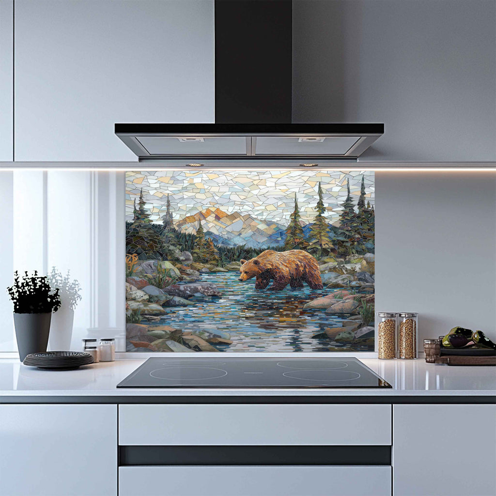 Mosaic Look Creek Tempered Glass Backsplash – Artistic Bear & River Scene