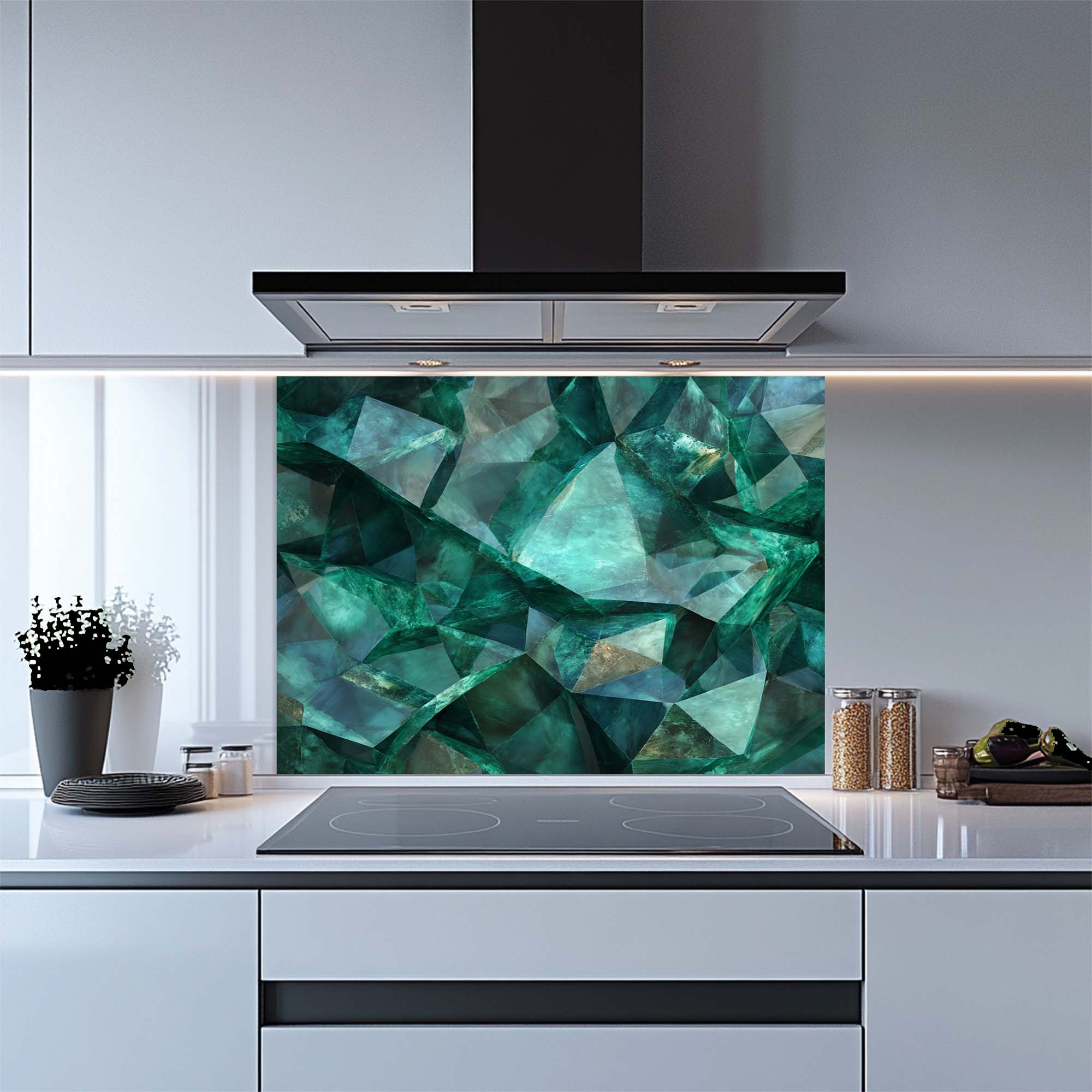 Emerald Shards – Tempered Glass Backsplash for Kitchen | Luxury Gem-Inspired Backsplash